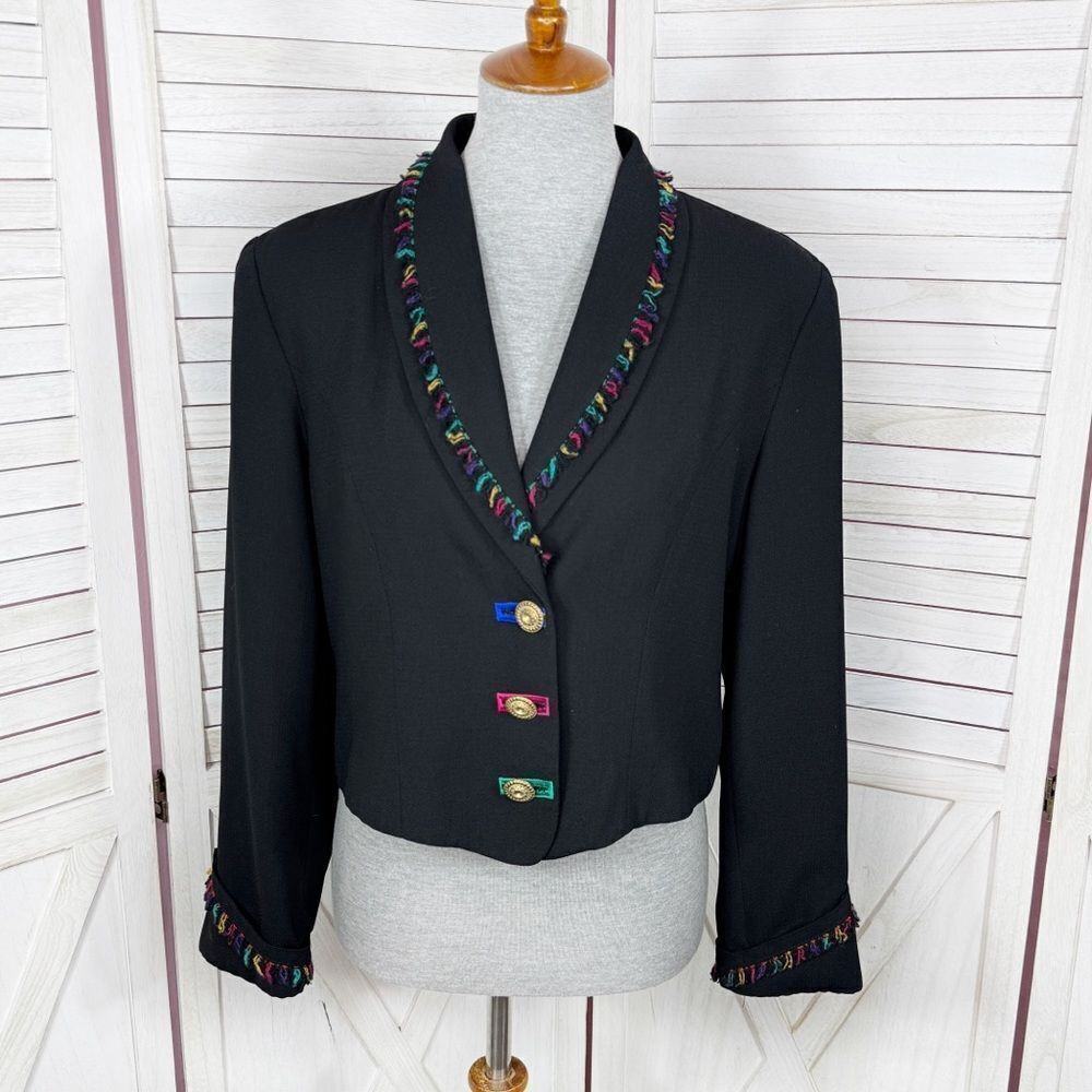 Vtg City Girl‎ Petites Jacket Women 12 Med Black 80s Rainbow Fringe Crop Blazer